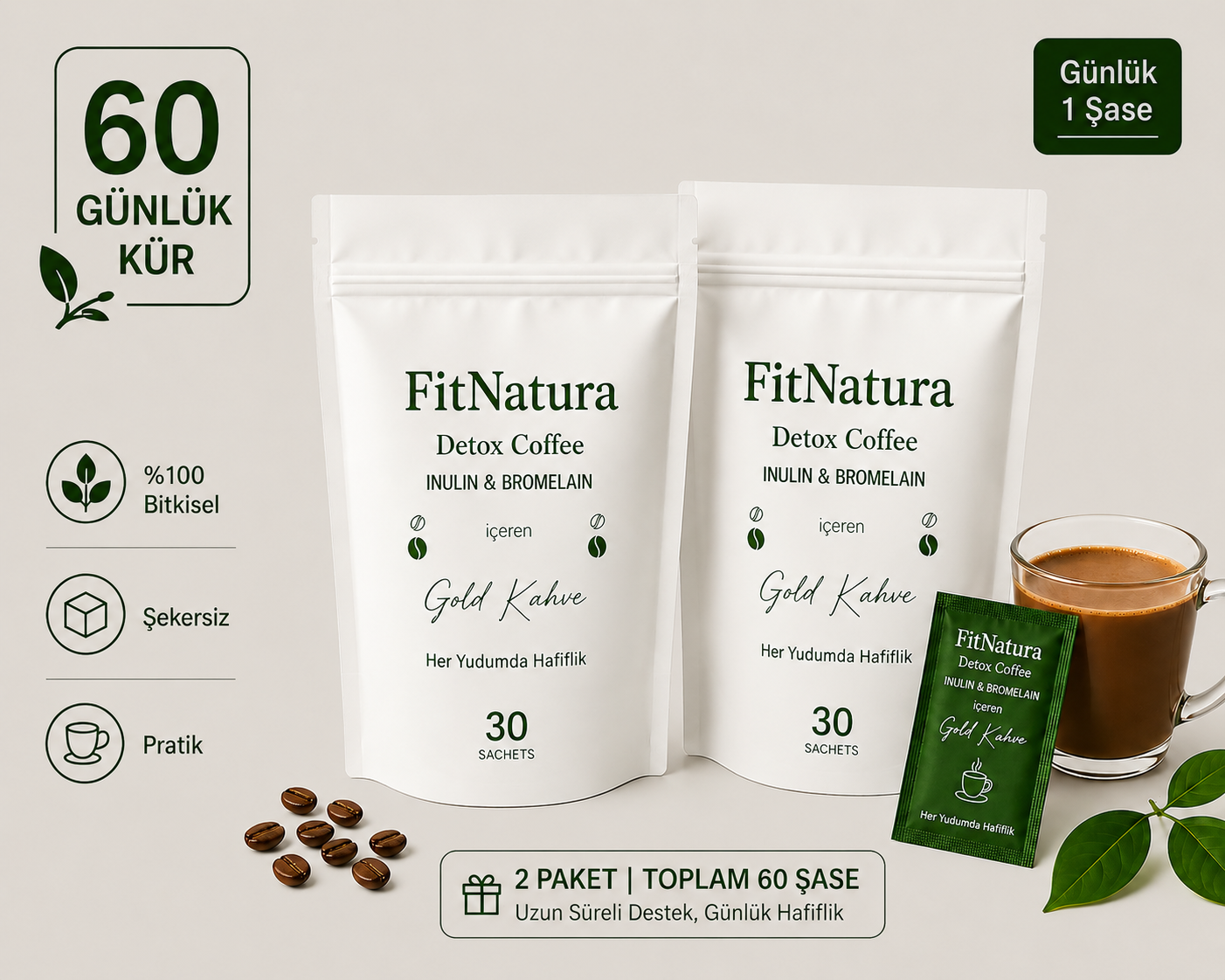 FitNatura Inülin & Bromelain Gold Detox Coffee – 60 Günlük Avantajlı Kür -