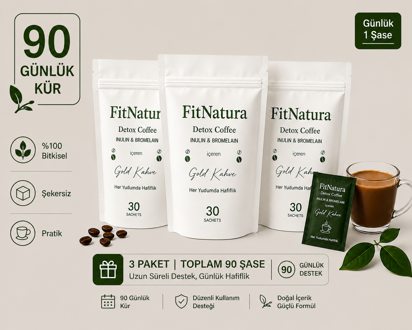 FitNatura Inülin & Bromelain Gold Detox Coffee - 90 Günlük Kür - 450 gr