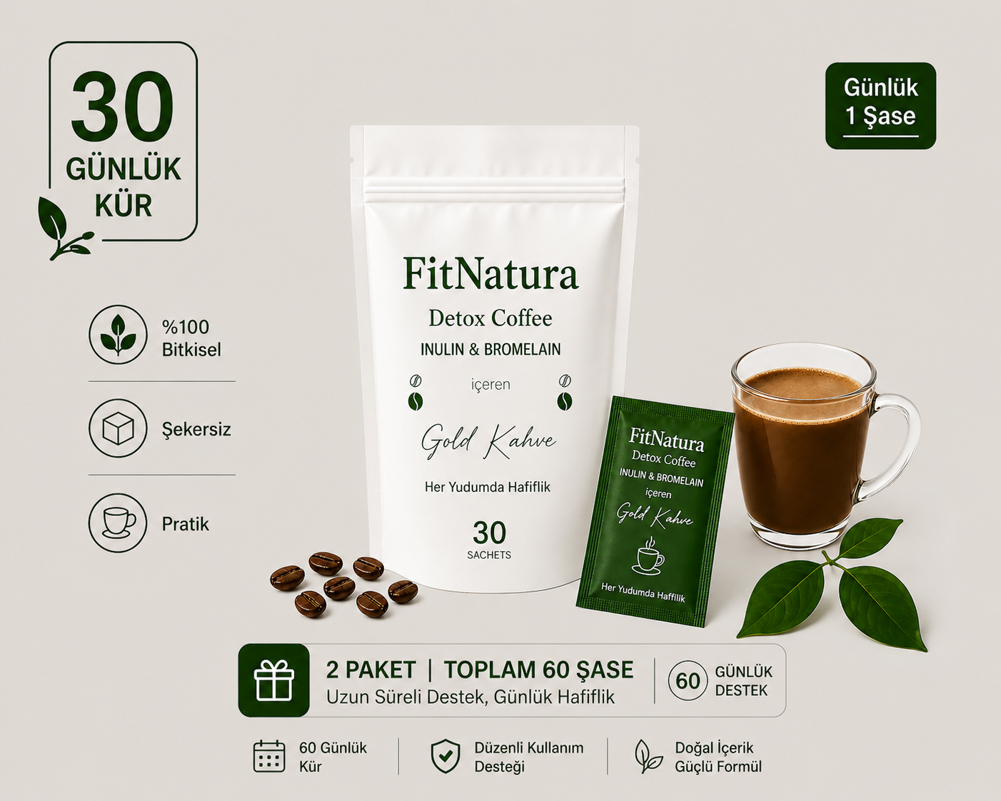 FitNatura Inülin & Bromelain Gold Detox Coffee – 30 Günlük Kür -