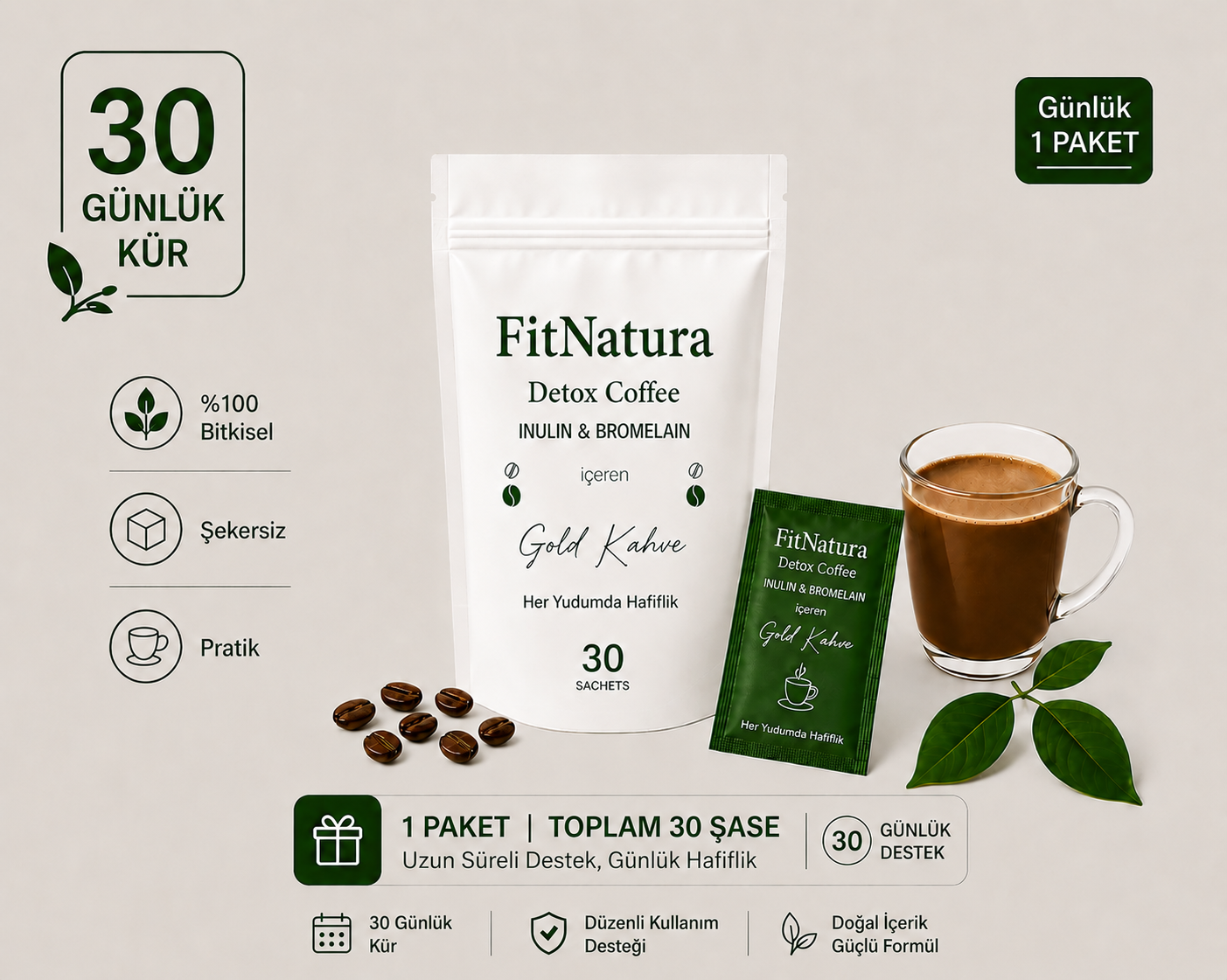 FitNatura Inülin & Bromelain Gold Detox Coffee – 30 Günlük Kür -